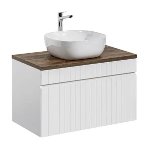 ICON witte set: onderkast 80cm + donker houtlook blad + witte opzetwastafel ICON witte set: onderkast 80cm + donker houtlook blad + witte opzetwastafel