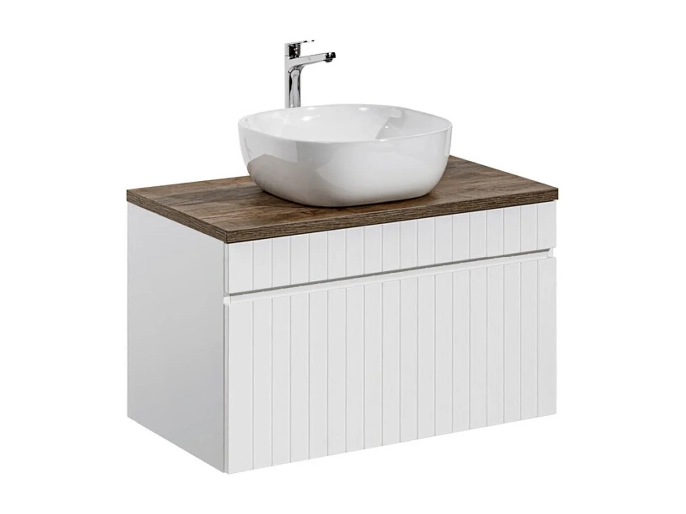ICON witte set: onderkast 80cm + donker houtlook blad + witte opzetwastafel