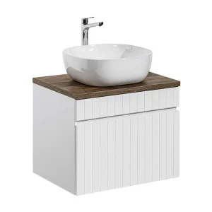 ICON set wit: onderkast 60cm + bovenblad met donker houtlook + vierkante afgeronde opzetwastafel