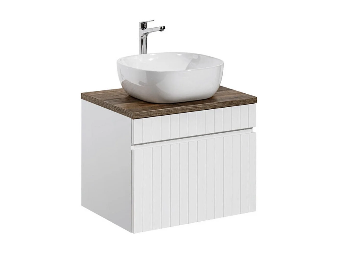 ICON set wit: onderkast 60cm + bovenblad met donker houtlook + vierkante afgeronde opzetwastafel