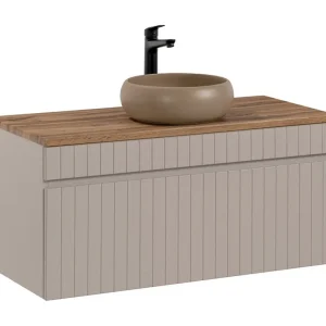 ICON set: onderkast 100cm kasjmier + houtlook werkblad + ronde opzetwastafel