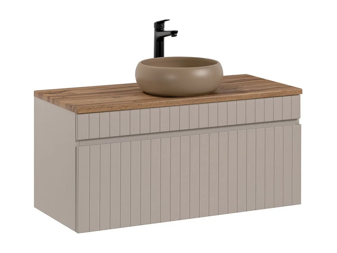 ICON set: onderkast 100cm kasjmier + houtlook werkblad + ronde opzetwastafel