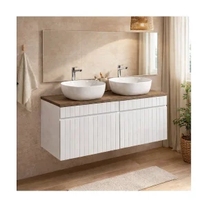 ICON witte set: onderkastmeubels 120cm + blad voor wastafel in donker houtlook ICON witte set: onderkastmeubels 120cm + blad voor wastafel in donker houtlook