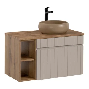 ICON set: onderkast 60cm cashmere met zichtbare nissen + blad voor waskom in houtlook + ronde opzetwaskom