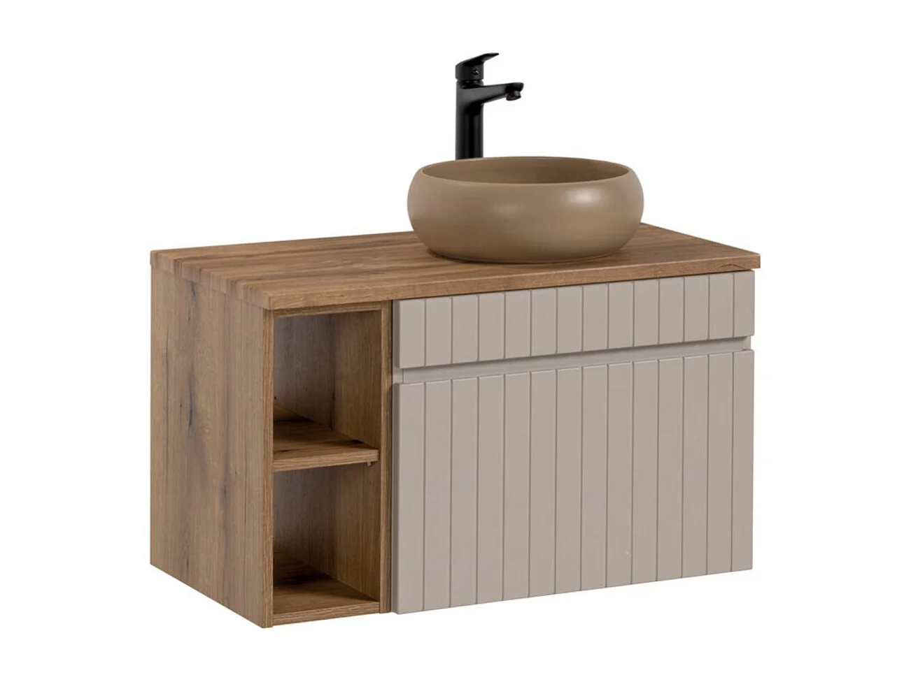 ICON set: onderkast 60cm cashmere met zichtbare nissen + blad voor waskom in houtlook + ronde opzetwaskom
