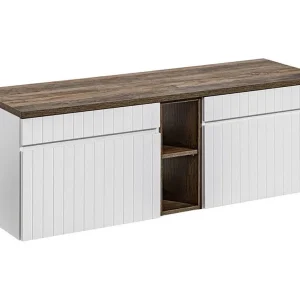 ICON witte set: onderkastmeubels 140cm met zichtbare nissen + blad voor wasbak in donker houtlook ICON witte set: onderkastmeubels 140cm met zichtbare nissen + blad voor wasbak in donker houtlook