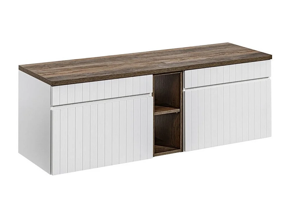 ICON witte set: onderkastmeubels 140cm met zichtbare nissen + blad voor wasbak in donker houtlook