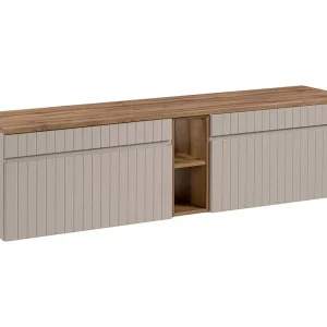 ICON set: onderkast 180cm in kasjmierkleur met zichtbare nissen in houtlook + blad voor wastafel in houtlook