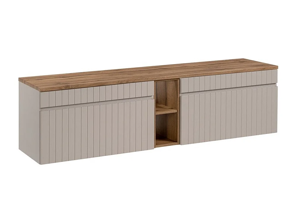ICON set: onderkast 180cm in kasjmierkleur met zichtbare nissen in houtlook + blad voor wastafel in houtlook