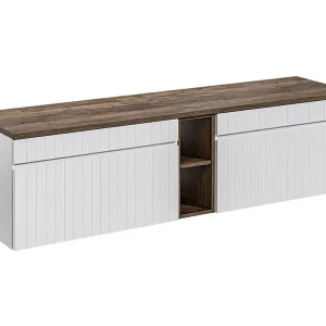 ICON witte set: onderkastmeubels 180cm met zichtbare nissen + blad voor wastafel in donker houtlook ICON witte set: onderkastmeubels 180cm met zichtbare nissen + blad voor wastafel in donker houtlook