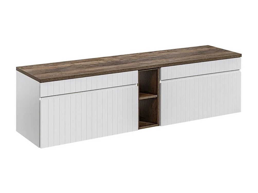 ICON witte set: onderkastmeubels 180cm met zichtbare nissen + blad voor wastafel in donker houtlook