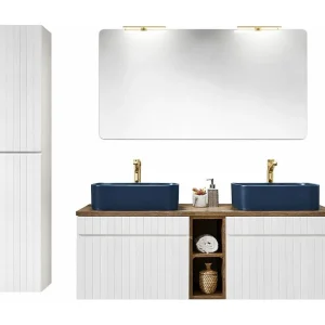 ICON set wit: onderkastmeubels 140cm met zichtbare houten nissen + twee blauwe opzetwaskommen + spiegel + LEDs + kolom