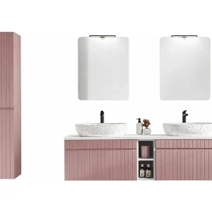 ICON set: meubel onder wastafel 180cm met zichtbare nissen + twee opzetwastafels + spiegels + LED lampen + kolom
