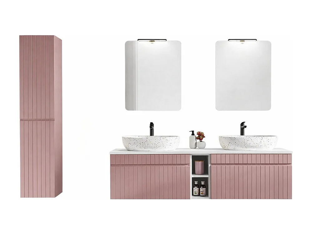 ICON set: meubel onder wastafel 180cm met zichtbare nissen + twee opzetwastafels + spiegels + LED lampen + kolom
