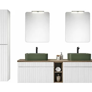ICON set wit: onderkastmeubel 180cm met zichtbare nissen + twee groene opbouwwastafels + spiegels + LED's + kolomkast