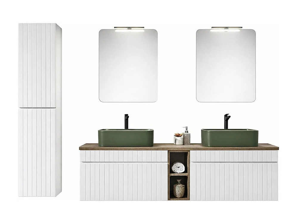 ICON set wit: onderkastmeubel 180cm met zichtbare nissen + twee groene opbouwwastafels + spiegels + LED's + kolomkast