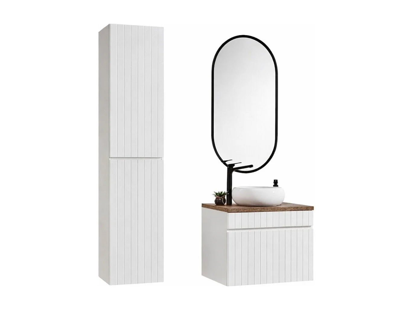ICON witte set: onderkast 60cm + ronde witte opzetwastafel + verticale ovale LED spiegel + kolomkast