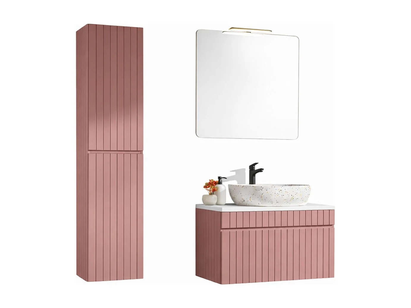 ICON set: onderkast 80cm + blad voor wastafel + opbouwwastafel + spiegel + LED-lamp + kolomkast