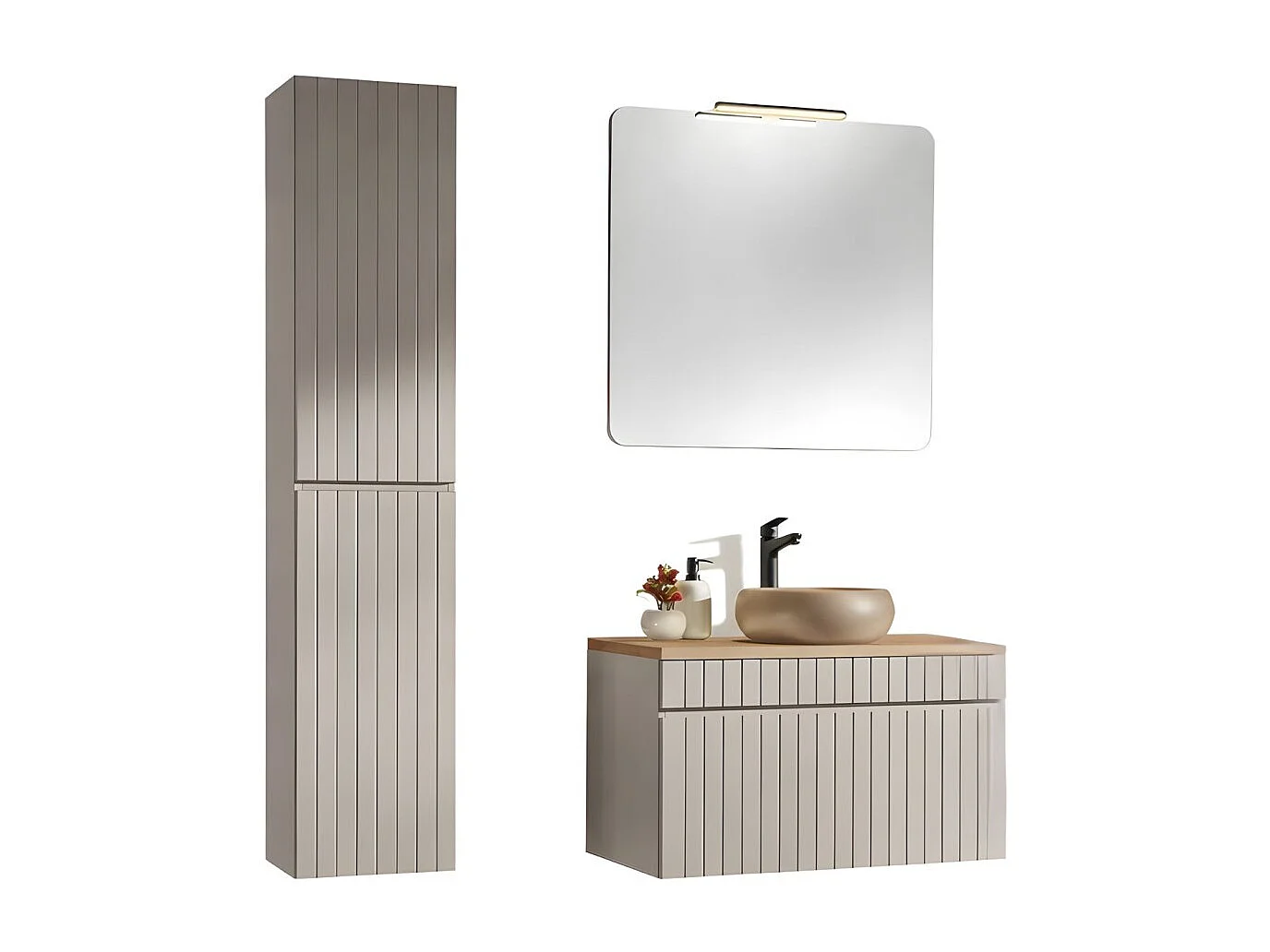 ICON set: onderkast 80cm + blad voor wastafel + ronde opbouwwastafel + spiegel + LED lamp + kolom