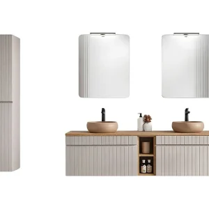 ICON set: meubel onder wastafel 180cm met zichtbare nissen + 2 ronde opbouwwastafels + 2 spiegels + 2 LED-lampen + kolom