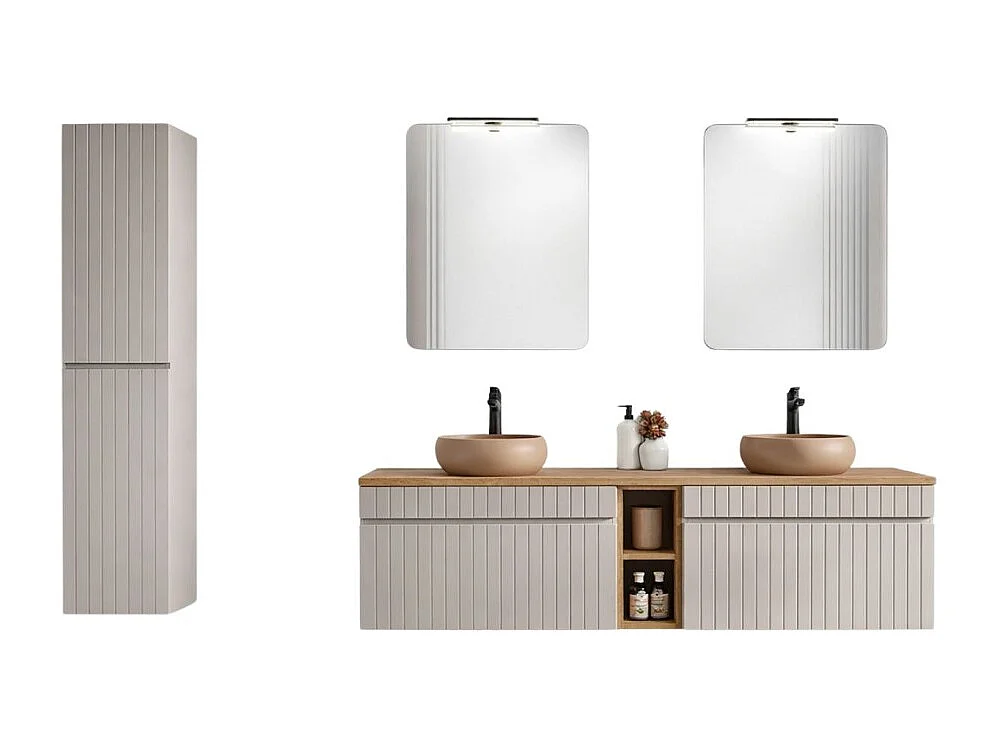 ICON set: meubel onder wastafel 180cm met zichtbare nissen + 2 ronde opbouwwastafels + 2 spiegels + 2 LED-lampen + kolom