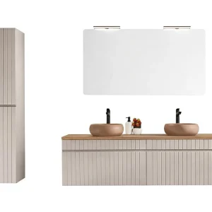 ICON set: meubel onder wastafel 160cm + 2 ronde opbouwwastafels + 1 rechthoekige spiegel + 2 LED-lampen + 1 kolom