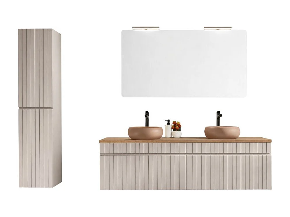 ICON set: meubel onder wastafel 160cm + 2 ronde opbouwwastafels + 1 rechthoekige spiegel + 2 LED-lampen + 1 kolom