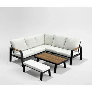 Hoekloungeset CALVARO 4-zits van zwart aluminium met beige kussens, zitbank en lage tafel met houteffect