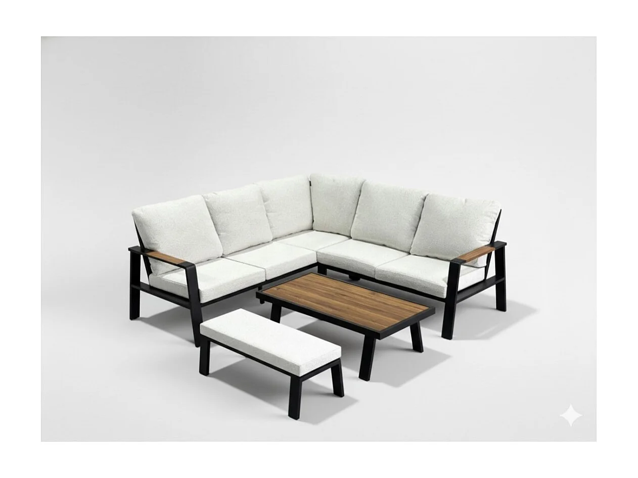 Hoekloungeset CALVARO 4-zits van zwart aluminium met beige kussens, zitbank en lage tafel met houteffect
