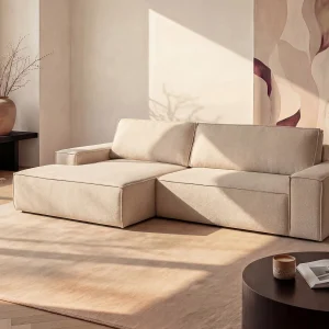 Hoekslaapbank met hoek links van beige stof met textuur AMELIA