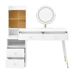 Make-up tafel 100x40x125 cm, LED-spiegel met 3 kleuren en instelbare intensiteit, 4 laden, verlichte vitrine, witte spaanplaat