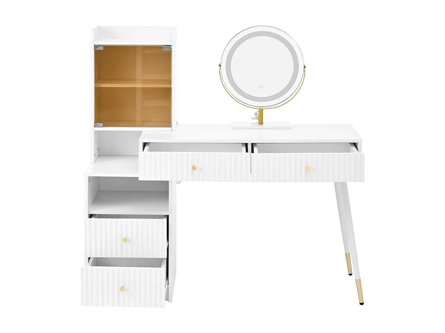Make-up tafel 100x40x125 cm, LED-spiegel met 3 kleuren en instelbare intensiteit, 4 laden, verlichte vitrine, witte spaanplaat