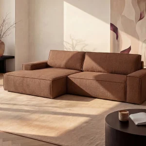 Hoekslaapbank met hoek links van terracottakleurige stof met textuur AMELIA