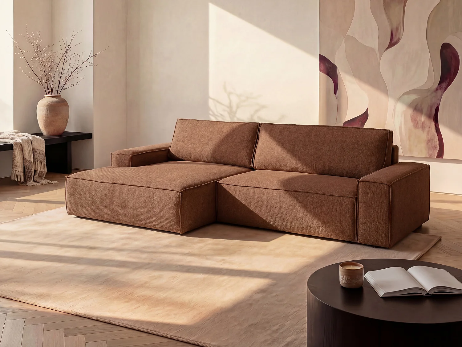 Hoekslaapbank met hoek links van terracottakleurige stof met textuur AMELIA