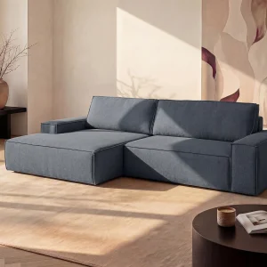 Hoekslaapbank met hoek links van blauwe stof met textuur AMELIA