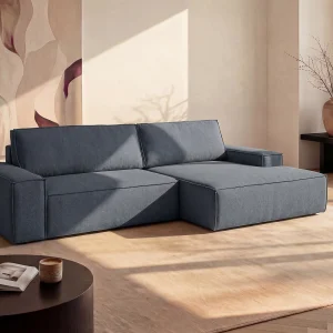 Hoekslaapbank met hoek rechts van blauwe stof met textuur AMELIA