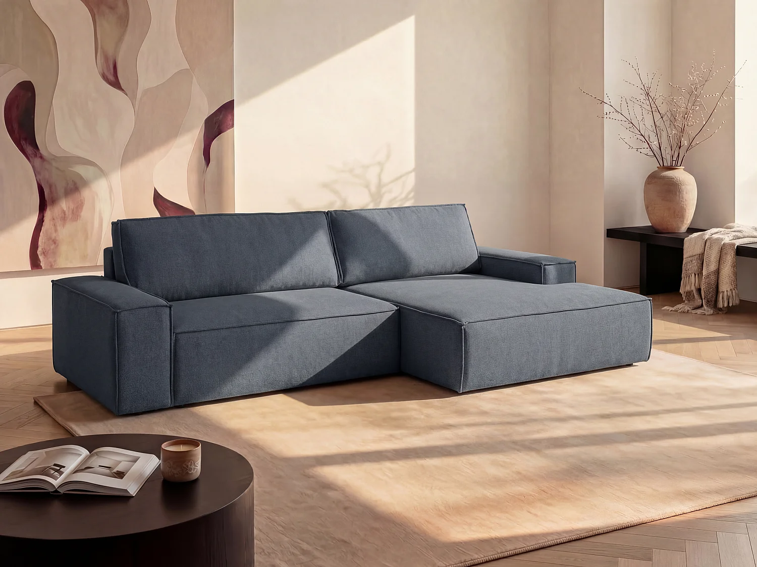 Hoekslaapbank met hoek rechts van blauwe stof met textuur AMELIA