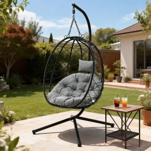 HOMEMIYN hangstoel met kussen, hangstoel met metalen standaard zwart, kussen grijs of beige, ideaal voor tuin en balkon HOMEMIYN hangstoel met kussen, hangstoel met metalen standaard zwart, kussen grijs of beige, ideaal voor tuin en balkon