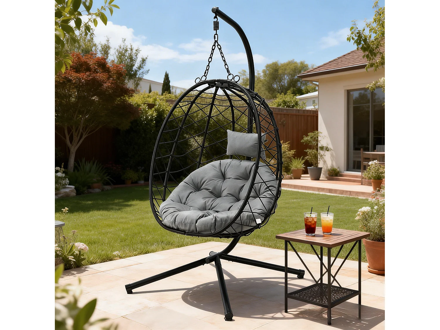HOMEMIYN hangstoel met kussen, hangstoel met metalen standaard zwart, kussen grijs of beige, ideaal voor tuin en balkon