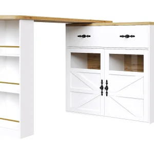 Uitschuifbare bartafel 138x39x104 cm, 360° draaibaar, ingebouwde opbergvakken, verstelbare planken, wit MDF Uitschuifbare bartafel 138x39x104 cm, 360° draaibaar, ingebouwde opbergvakken, verstelbare planken, wit MDF