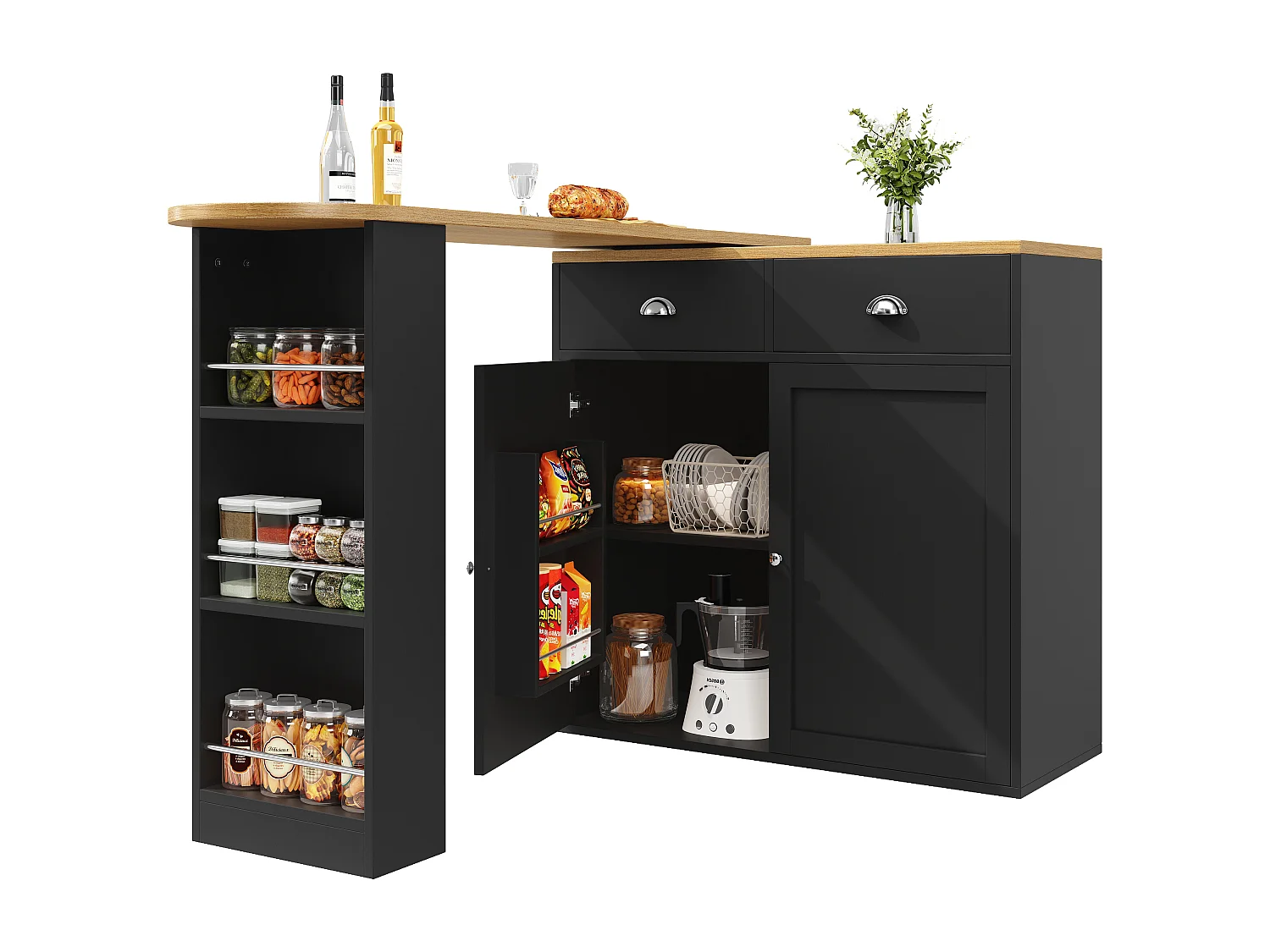 Houten draaibare bartafel met 2 deuren en 2 lades - dressoir met uitschuifbaar blad (138-203)×39×105cm - zwart