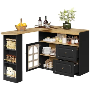 Uitschuifbaar barmeubel 138x39x104 cm, 360° draaibaar, 2 laden, gebogen glazen deur, zwart MDF Uitschuifbaar barmeubel 138x39x104 cm, 360° draaibaar, 2 laden, gebogen glazen deur, zwart MDF