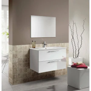 Dmora Wastafelonderkast Inglewood 57x80x45h cm Glanzend Wit Spiegel Inclusief 2 Lades, Soft Close