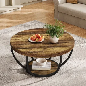 Industriële ronde salontafel met 2 lagen en opbergplanken, 80 cm moderne houten salontafel
