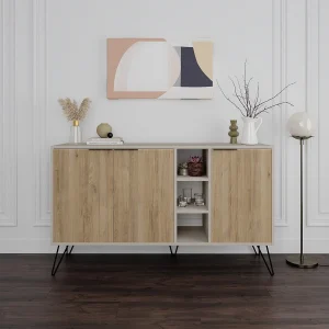 Houten dressoir – 142 cm x 83 cm x 35,6 cm – Zandsteen en eiken – Melamine gecoat spaanplaat Houten dressoir – 142 cm x 83 cm x 35,6 cm – Zandsteen en eiken – Melamine gecoat spaanplaat
