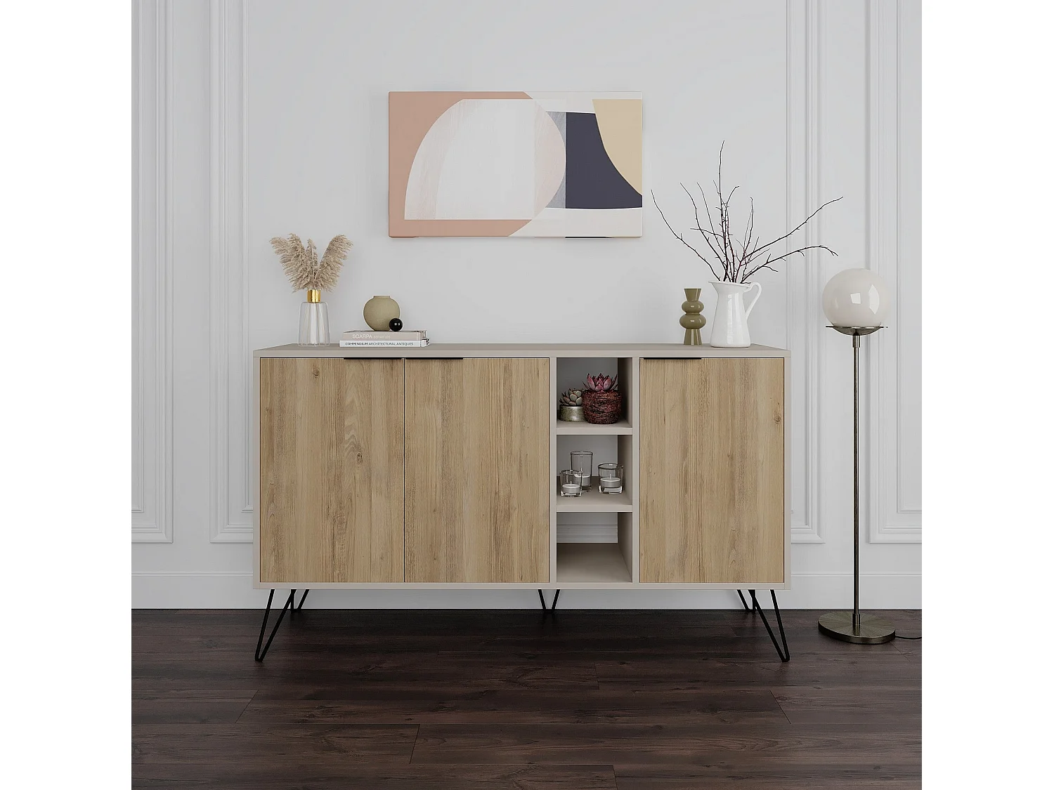 Houten dressoir – 142 cm x 83 cm x 35,6 cm – Zandsteen en eiken – Melamine gecoat spaanplaat