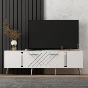 Moderne Houten TV-standaard "Detas" – 150 x 35 x 48 cm – Wit & Zilver Moderne Houten TV-standaard "Detas" – 150 x 35 x 48 cm – Wit & Zilver