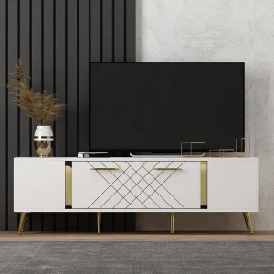 Houten TV-meubel "Detas" 150x35x48 cm, gouden afwerking, met opbergruimte en poten, modern en elegant design Houten TV-meubel "Detas" 150x35x48 cm, gouden afwerking, met opbergruimte en poten, modern en elegant design