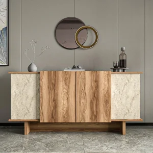 Moderne houten buffetkast "Diana" – Travertijn afwerking – 180 x 40 x 81 cm – 6 planken, 4 deuren