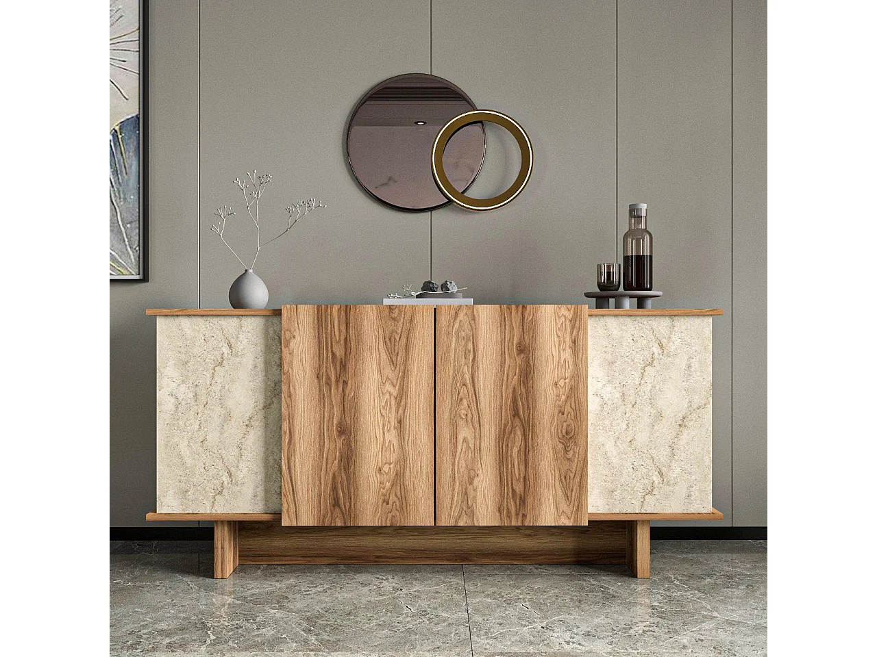 Moderne houten buffetkast "Diana" - Travertijn afwerking - 180 x 40 x 81 cm - 6 planken, 4 deuren